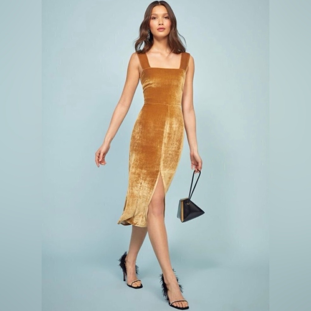 Reformation Gold Velvet Midi Dress - Picture 4 of 9